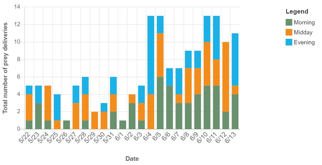 A clustered bar chart with green, orange, and blue bars that show that the total number of prey deliveries increased as the season progressed.