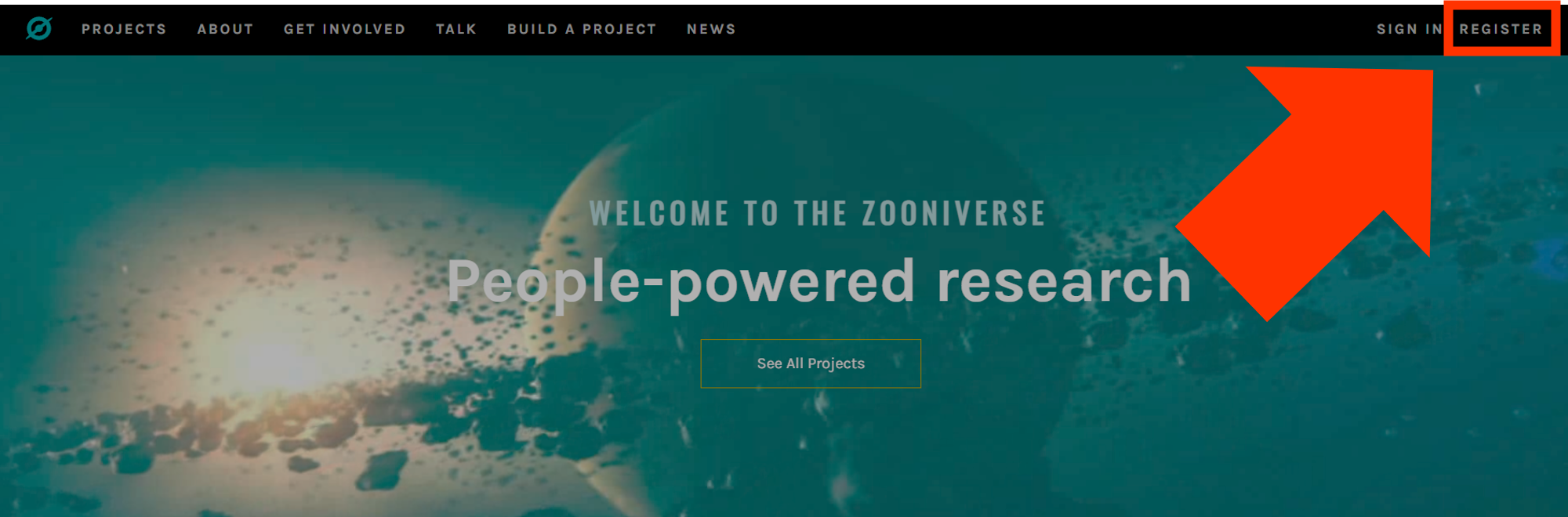 A screenshot of the homepage on Zooniverse with a red arrow pointing to the words "Register" at the top right corner.