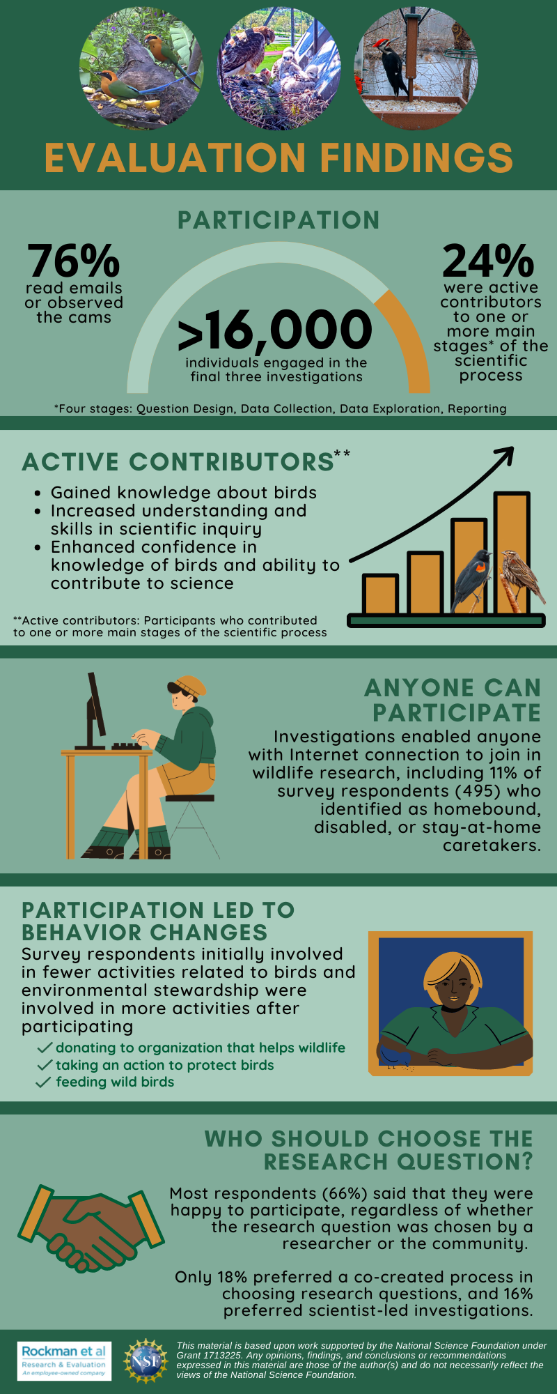 An infographic that highlights Evaluation findings. There is a visual showing that there were more than 16,000 individuals engaged in the final three investigations. Of those, 76% read emails or observed the cams. 24% were active contributors to one or more main stages of the scientific process. This includes four stages: Question Design, Data collection, Data Exploration, Reporting. Active contributors gained knowledge about birds, increased understanding and skill in scientific inquiry, and enhanced confidence in knowledge of birds and ability to contribute to science. No such gains for those who read emails. Anyone can participate. Investigations enabled anyone with Internet connection to join in wildlife research, including 11% of survey respondents (495) who identified as homebound, disabled, or stay-at-home caretakers. Participation led to behavior changes. Survey respondents initially engaged in fewer activities related to birds and environmental stewardship were involved in more activities after participating: donating to organization that helps wildlife, taking actino to protect birds, and feeding wild birds. Most participant don't prefer co-creation. Most respondents (66%) said they were happy to participate, regardless of whether the research question was chosen by a resaercher or the community. Only 18% perferred a co-created process in choosing research questions, and 16% preferred scientist-led investigations. AT the bottom fo the infographic is the Rockman et al. logo and the National Science Foundation logo with language that refers to how the material is supported by Grant #1713225 and findings are those of authors and not the National Science Foundation.